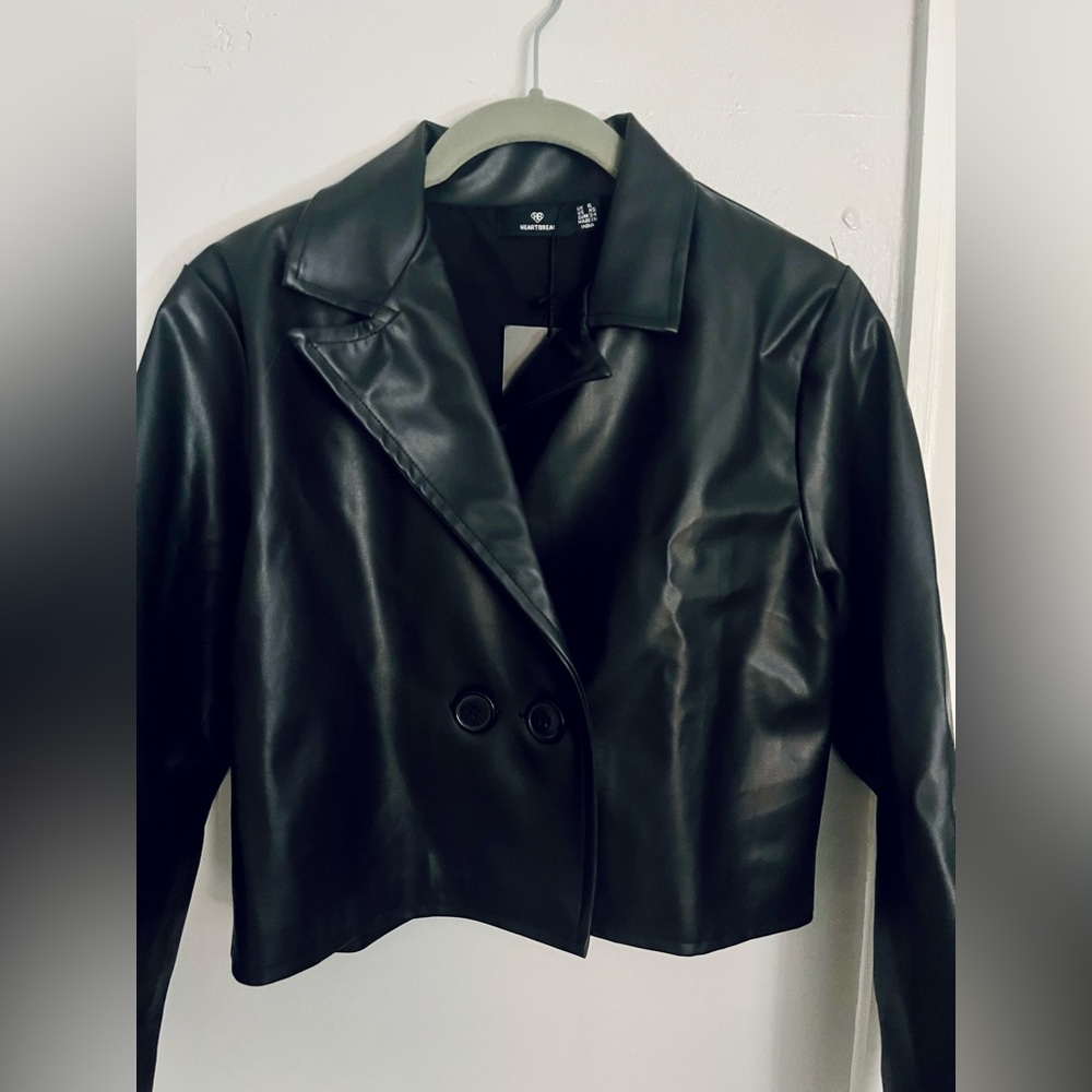Black Cropped Faux Leather Blazer